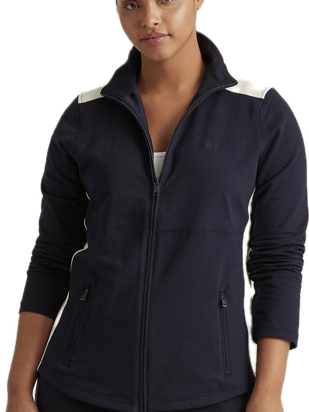 Ralph Lauren Navy Zip-Front Bomber Jacket with Cream Shoulder Accents